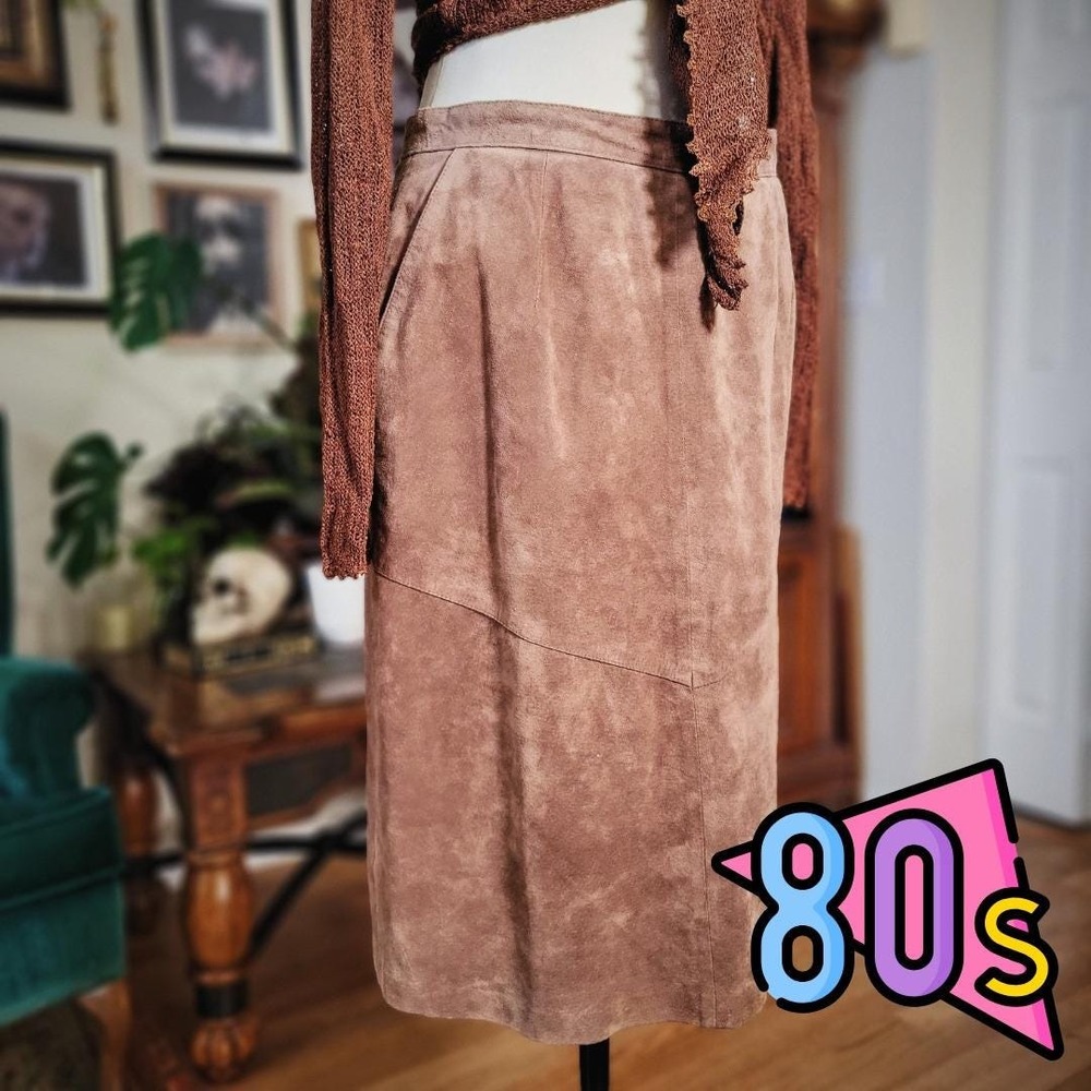 Smith & Watson Pencil Skirt Brown Suede Vintage 80s Genuine Leather Midi Size 12